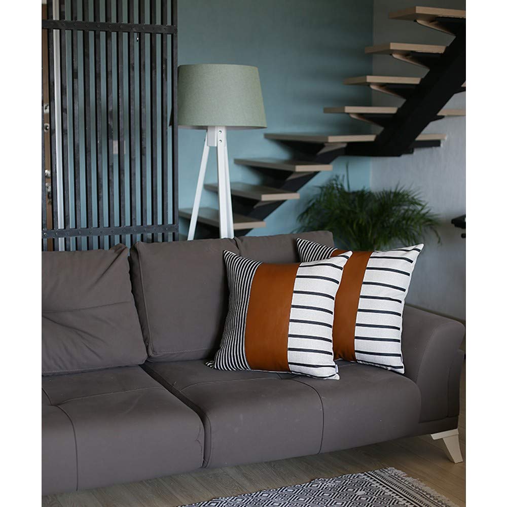 HomeRoots Set of 2 Black and White Stripe and Brown Faux Leather Pillow Covers