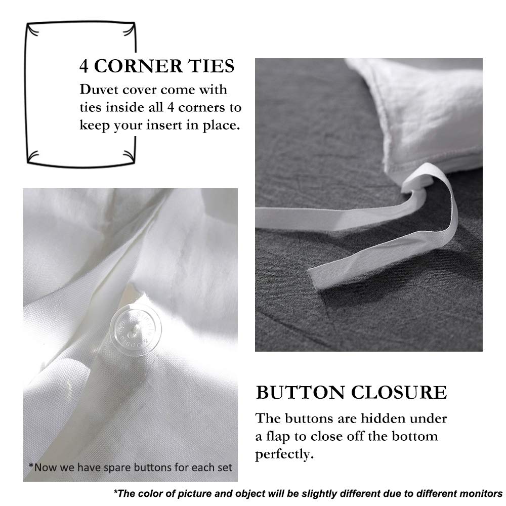 Simple&Opulence 100% Linen Duvet Cover Set With Embroidery Border Washed - 3 Pieces (1 Duvet Cover With 2 Pillow Shams) With Button Closure Soft Breathable Farmhouse - White, Queen Size