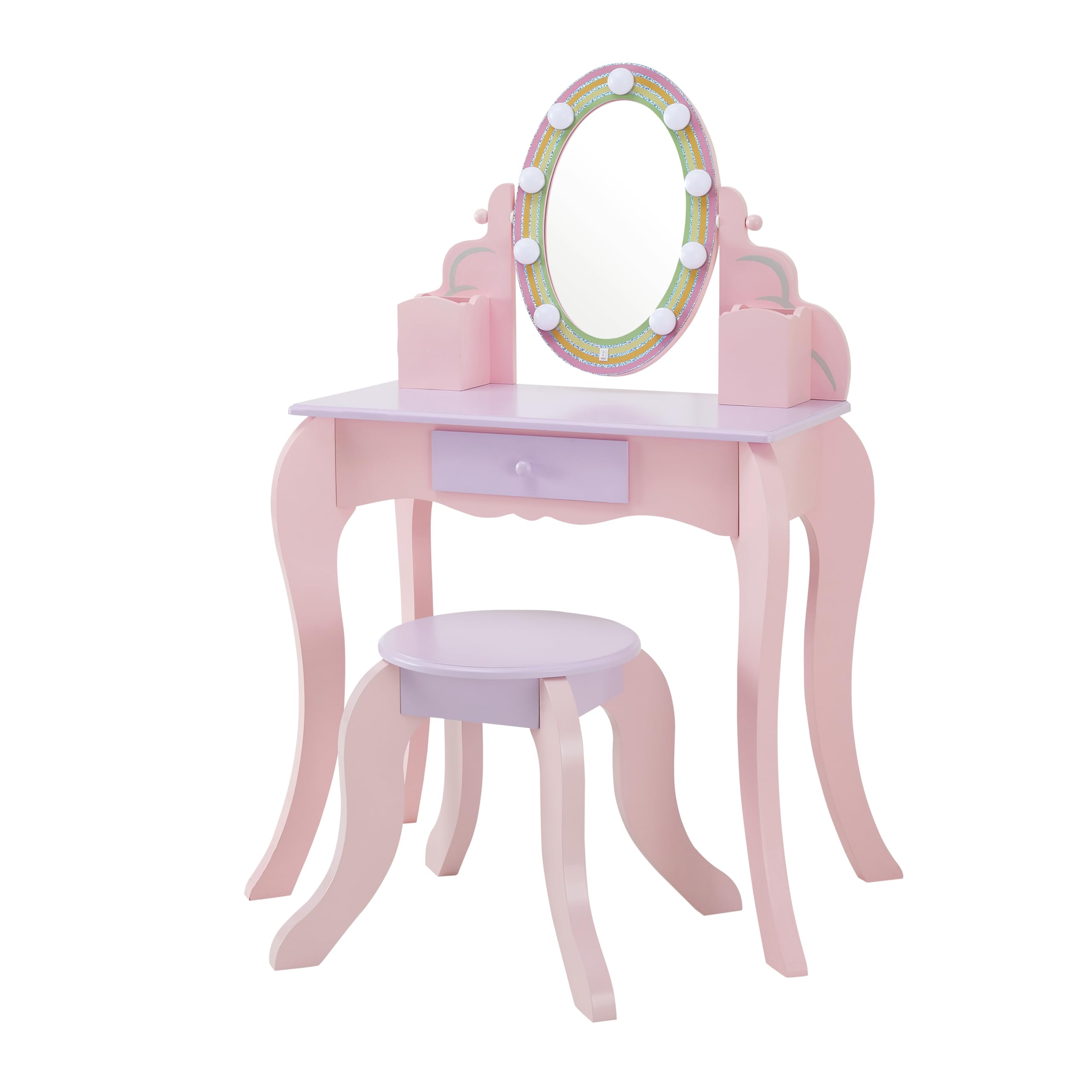 Teamson Kids Little Princess Rapunzel 2 pc. Kids Vanity Set with LED Illuminated Mirror, Storage Drawer and Matching Stool, Pink