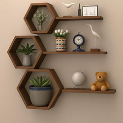 AALIYA MART Wooden Honeycomb Floating Wall Shelves  Wall Mounted 6 Pieces Decorative Wall Shelf | Display Shelves for Books, Pl