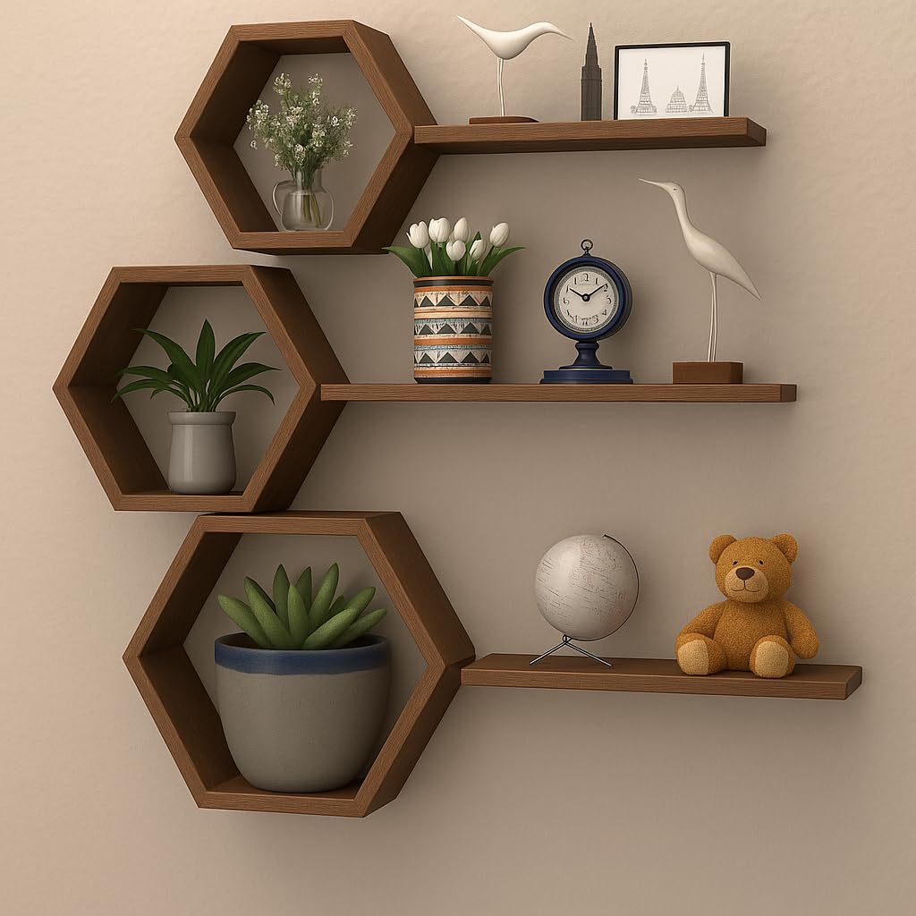 AALIYA MART Wooden Honeycomb Floating Wall Shelves  Wall Mounted 6 Pieces Decorative Wall Shelf | Display Shelves for Books, Pl