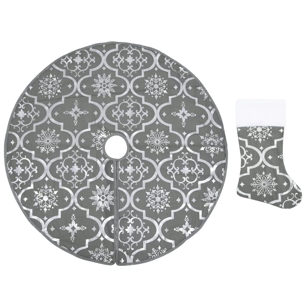 vidaXL Luxury Christmas Tree Skirt 3ft Diameter, Gray Fabric with Snow Pattern, Christmas Ornament Decoration with Matching Stocking