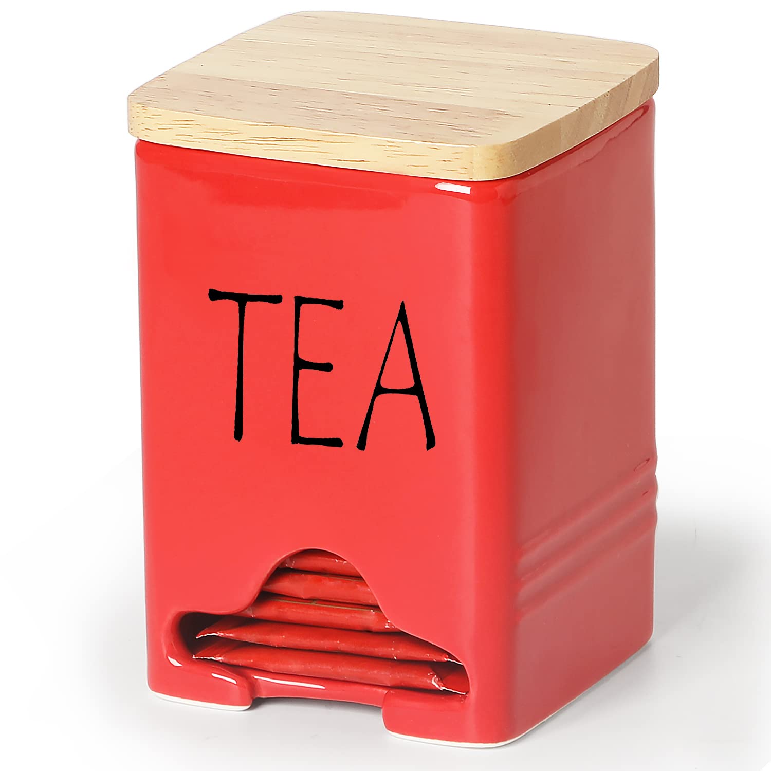 Quxija Ceramic Farmhouse Tea Bag Storage Organizer Caddy Holder With Lid (Red)