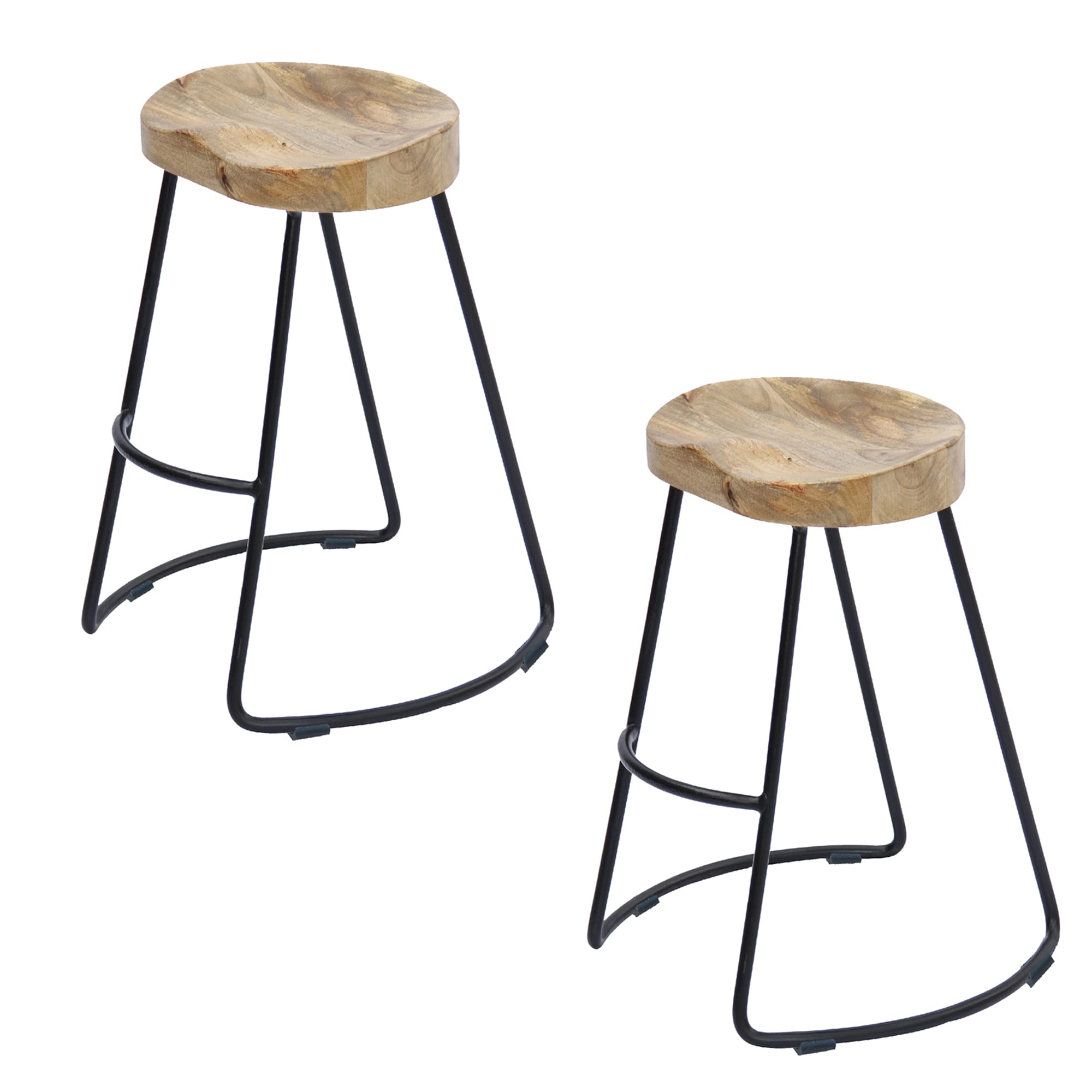 The Urban Port Ela 30-Inch Mango Wood Industrial Barstool, Saddle Seat, Iron Frame, Set of 2, Natural Brown and Black