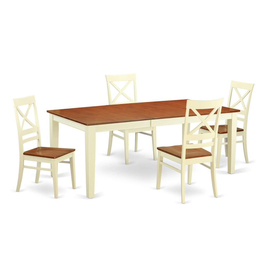 East West Furniture QUIN5-WHI-W 5 Piece Dining Room Table Set Includes a Rectangle Kitchen Table with Butterfly Leaf and 4 Dining Chairs, 40x78 Inch, Buttermilk & Cherry