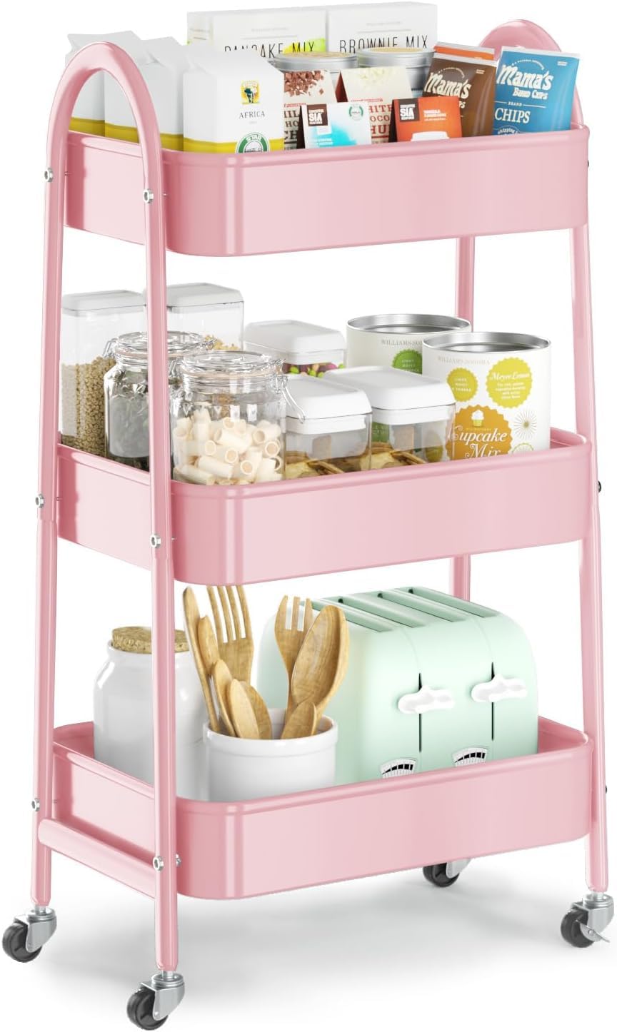 Jialto 3Tier Vegetable Rack For Kitchen Steel Trolley Cart, Metal Storage Rack With Lockable Wheels, Multipurpose Storage Organ