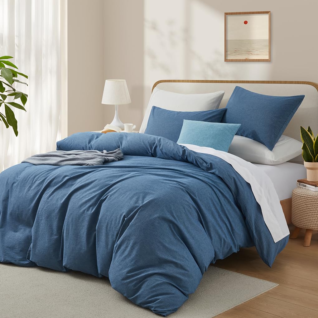 Lovque Blue Duvet Cover Full Size, 100% Washed Cotton Linen Like Bedding Set With Zipper Closure (No Comforter), 80X90 Inches