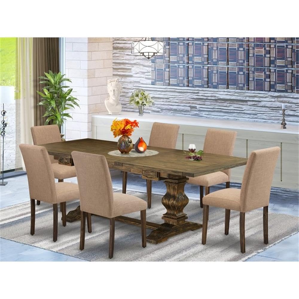 East West Furniture Laab7-77-47 7 Piece Kitchen Table Set Consist Of A Rectangle Dining Table With Removable Leaf And 6 Light Sable Linen Fabric Parsons Chairs, 42X92 Inch, Jacobean