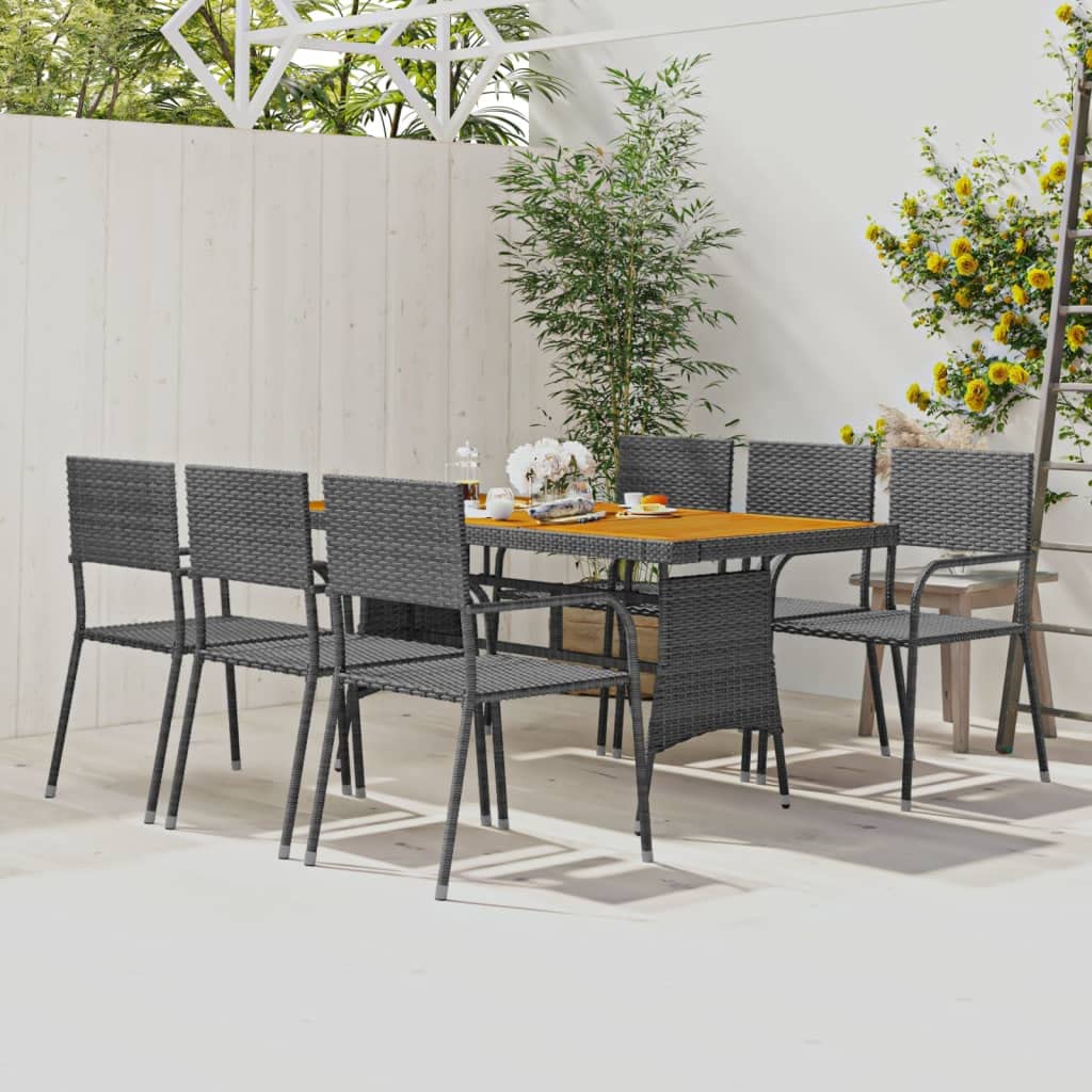 vidaXL 7-Piece Patio Dining Set - Durable Poly Rattan, Steel Frame & Solid Acacia Wood Table Top - Ideal for Outdoor Dining & Lounging - Ergonomically Designed Chairs