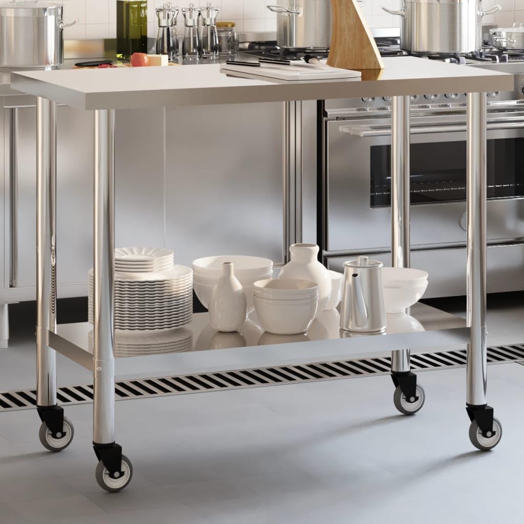 vidaXL Stainless Steel Rolling Kitchen Work Table - 43.3"x21.7"x33.5", Lower Shelf, Lockable Wheels for Restaurant & Commercial Use