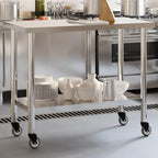 vidaXL Stainless Steel Rolling Kitchen Work Table - 43.3"x21.7"x33.5", Lower Shelf, Lockable Wheels for Restaurant & Commercial Use