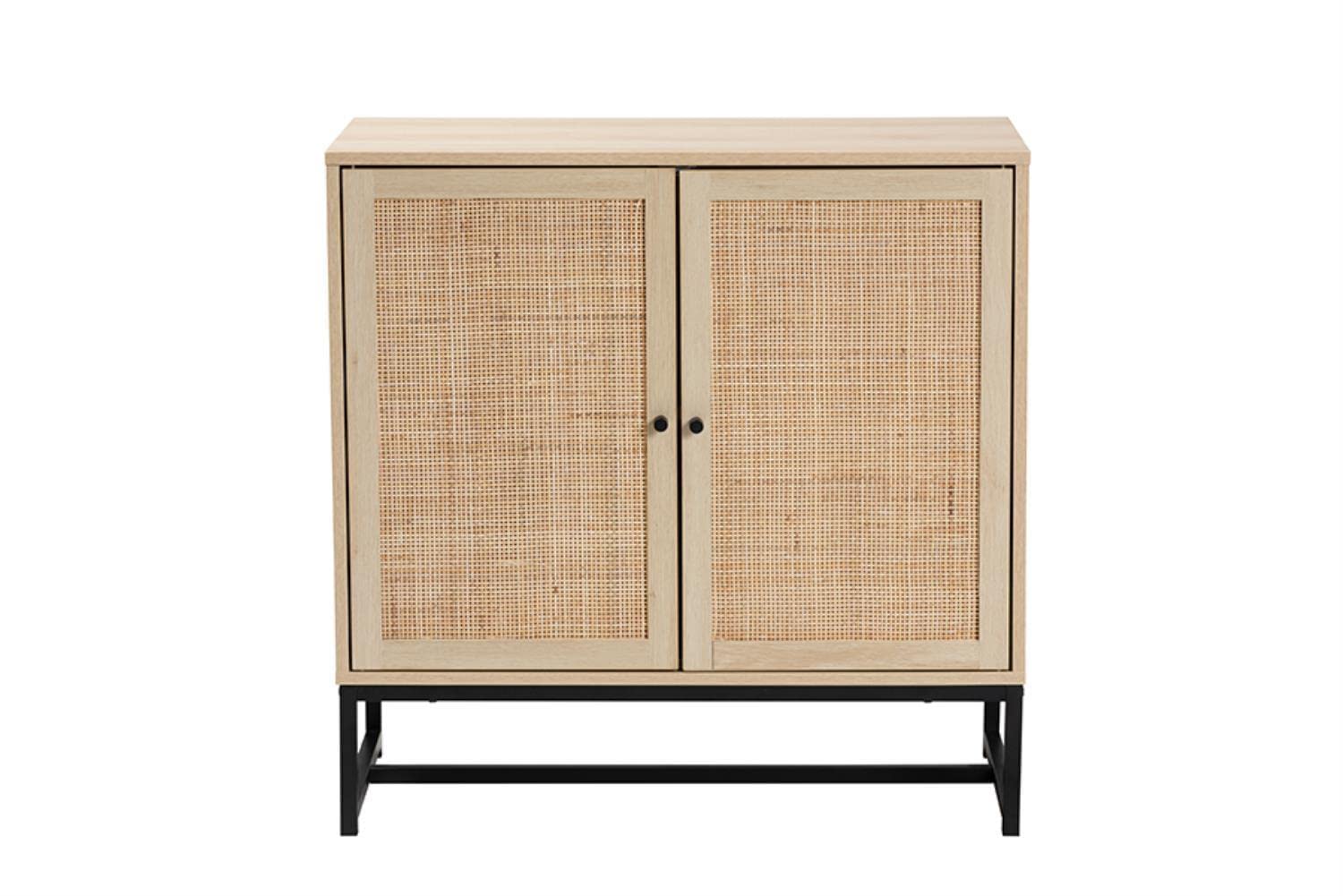 Baxton Studio Caterina Brown Wood and Natural Rattan 2-Door Storage Cabinet