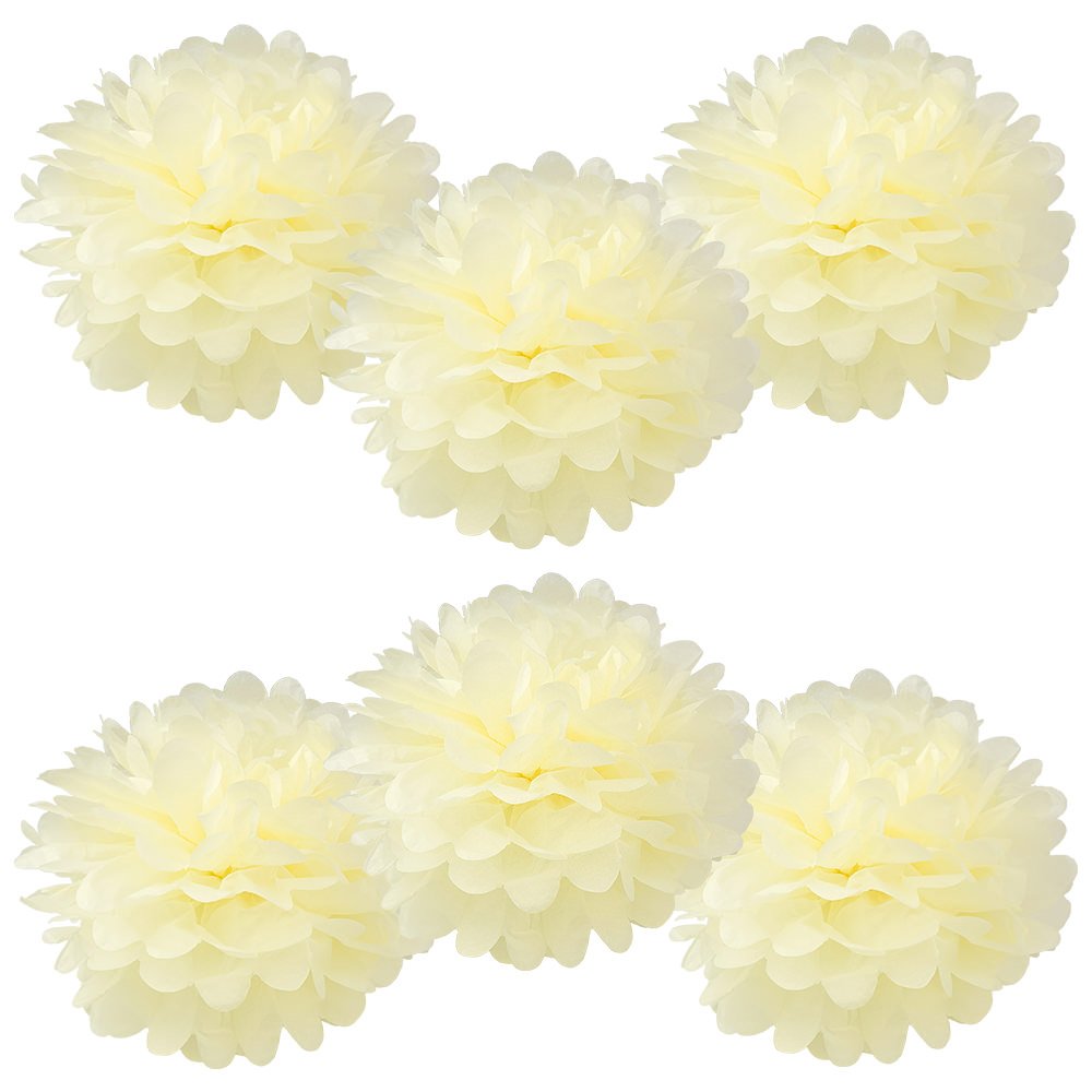 WYZworks Set of 6 - Ivory 10 - (6 Pack) Tissue Pom Poms Flower Party Decorations for Weddings, Birthday, Bridal, Baby Showers, N