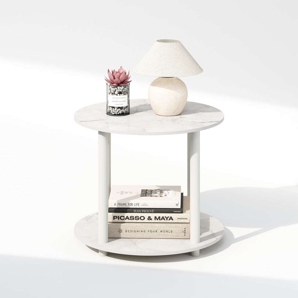 Furinno Turn-N-Tube Simple Design 2-Tier Round Wooden Side End Table, Marble White