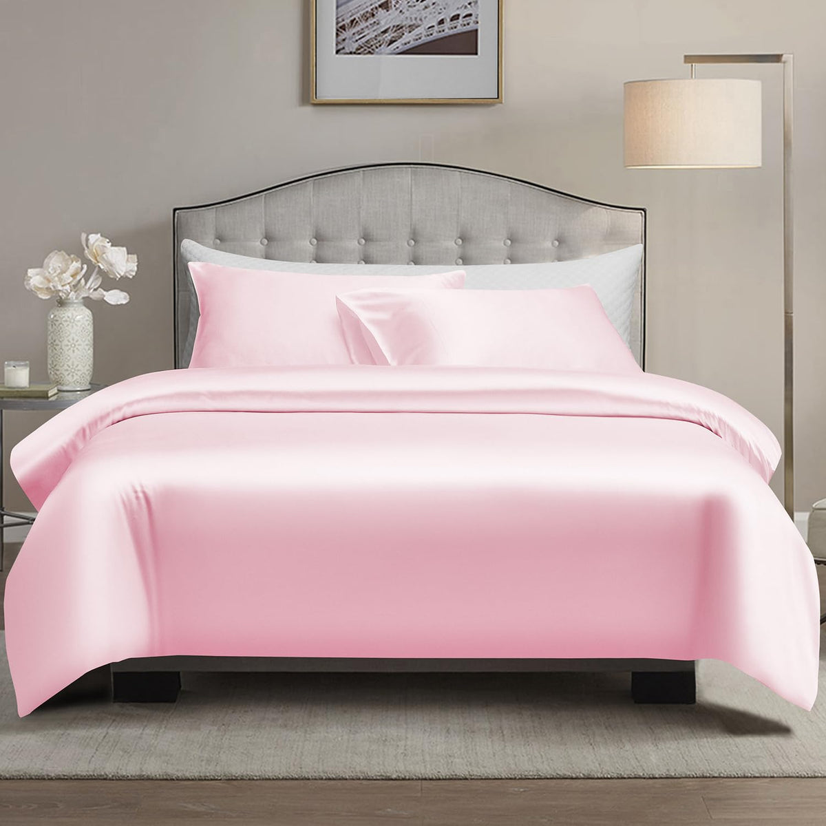 Aimay 3 Piece Satin Duvet Cover Set Bedding Sets Pink Queen 1800 Series Luxury Rich Silk Silky Super Soft Solid Color Reversible