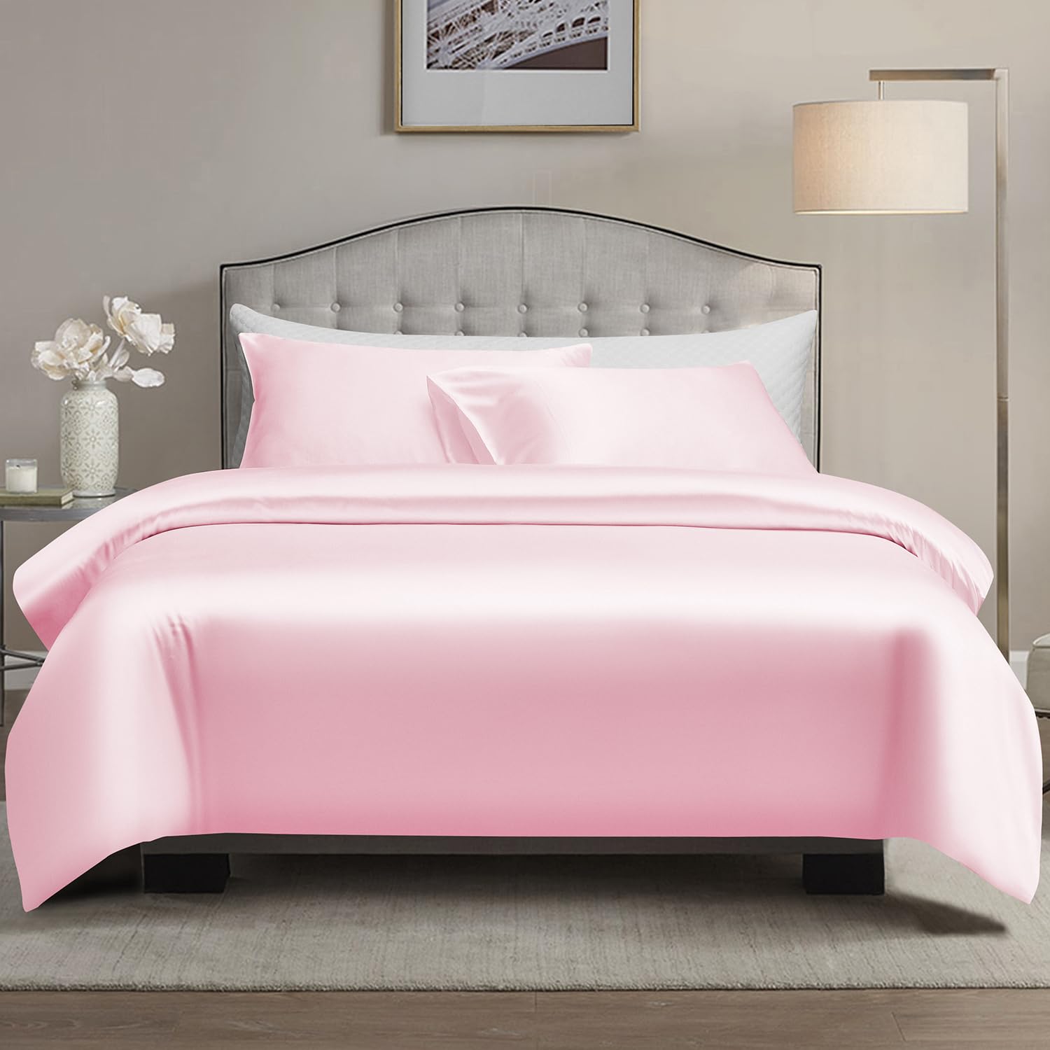 Aimay 3 Piece Satin Duvet Cover Set Bedding Sets Pink Queen 1800 Series Luxury Rich Silk Silky Super Soft Solid Color Reversible