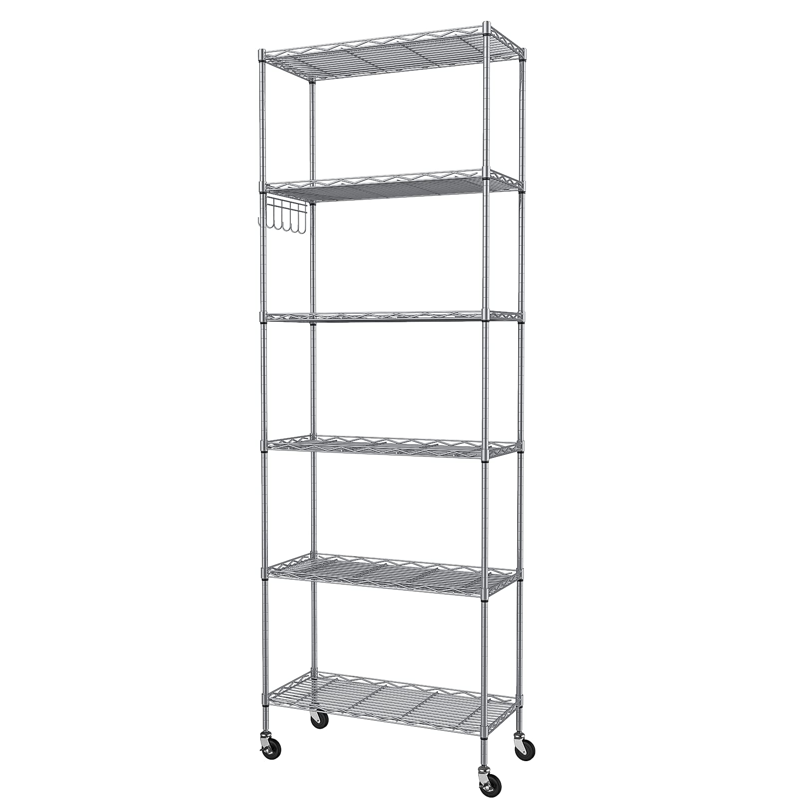 Homdox 6-Tier Storage Shelf Wire Shelving Unit Free Standing Rack Organization With Caster Wheels, Stainless Side Hooks, Silver Gray