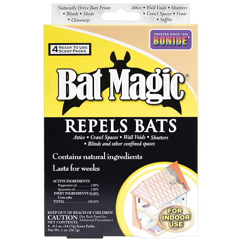 Bonide Bat Magic Bat Repellent, Pack Of 4 Ready-To-Use Peppermint Oil Scent Packs For Long Lasting Indoor Bat Control