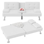Flamaker Futon Sofa Bed Modern Folding Futon Set Pu Leather Convertible Recliner Lounge For Living Room With 2 Cup Holders, Removable Armrests (Pu Leather, White)