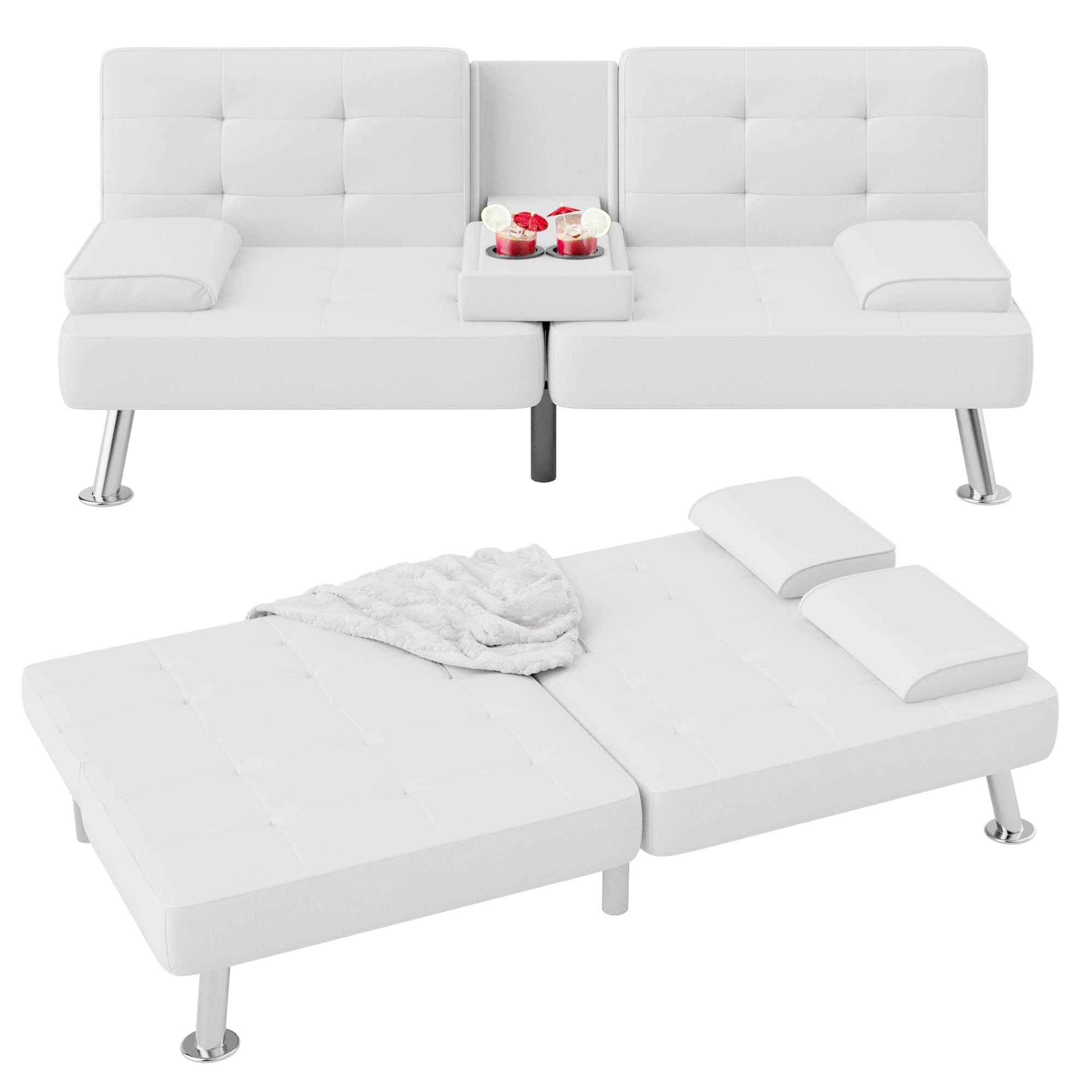 Flamaker Futon Sofa Bed Modern Folding Futon Set Pu Leather Convertible Recliner Lounge For Living Room With 2 Cup Holders, Removable Armrests (Pu Leather, White)