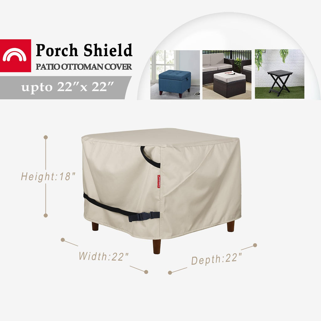 Porch Shield Patio Ottoman Cover - Waterproof Outdoor Square Side Table Covers - 22L X 22W X 18H Inch, Beige
