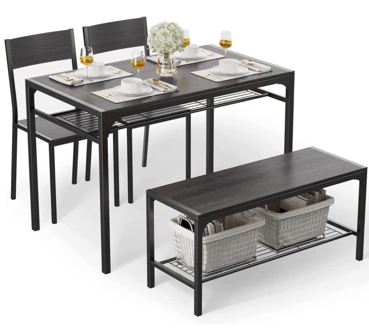 Gizoon Kitchen Table And 2 Chairs For 4 With Bench, 4 Piece Dining Table Set For Small Space, Apartment