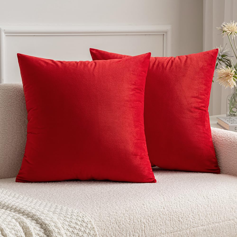 Miulee Pack Of 2 Christmas Bright Red Velvet Throw Pillow Covers 20X20 Inch Soft Solid Decorative Square Set Cushion Cases For S