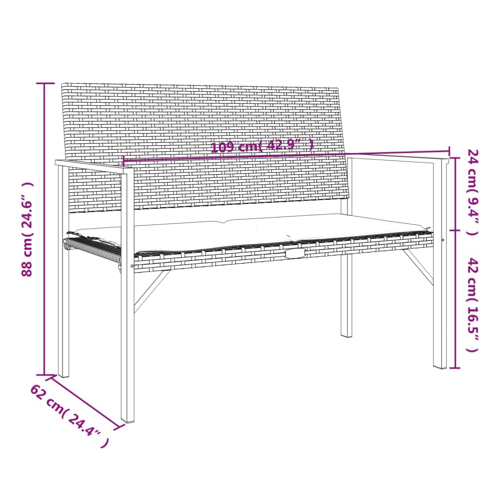 vidaXL 2-Seater Patio Bench with Cushion in Gray - Made of PE/Poly Rattan with Sturdy Powder-Coated Steel Frame - Comfortable Outdoor Seating for Garden & Terrace - Includes Dark Gray Seat Cushion