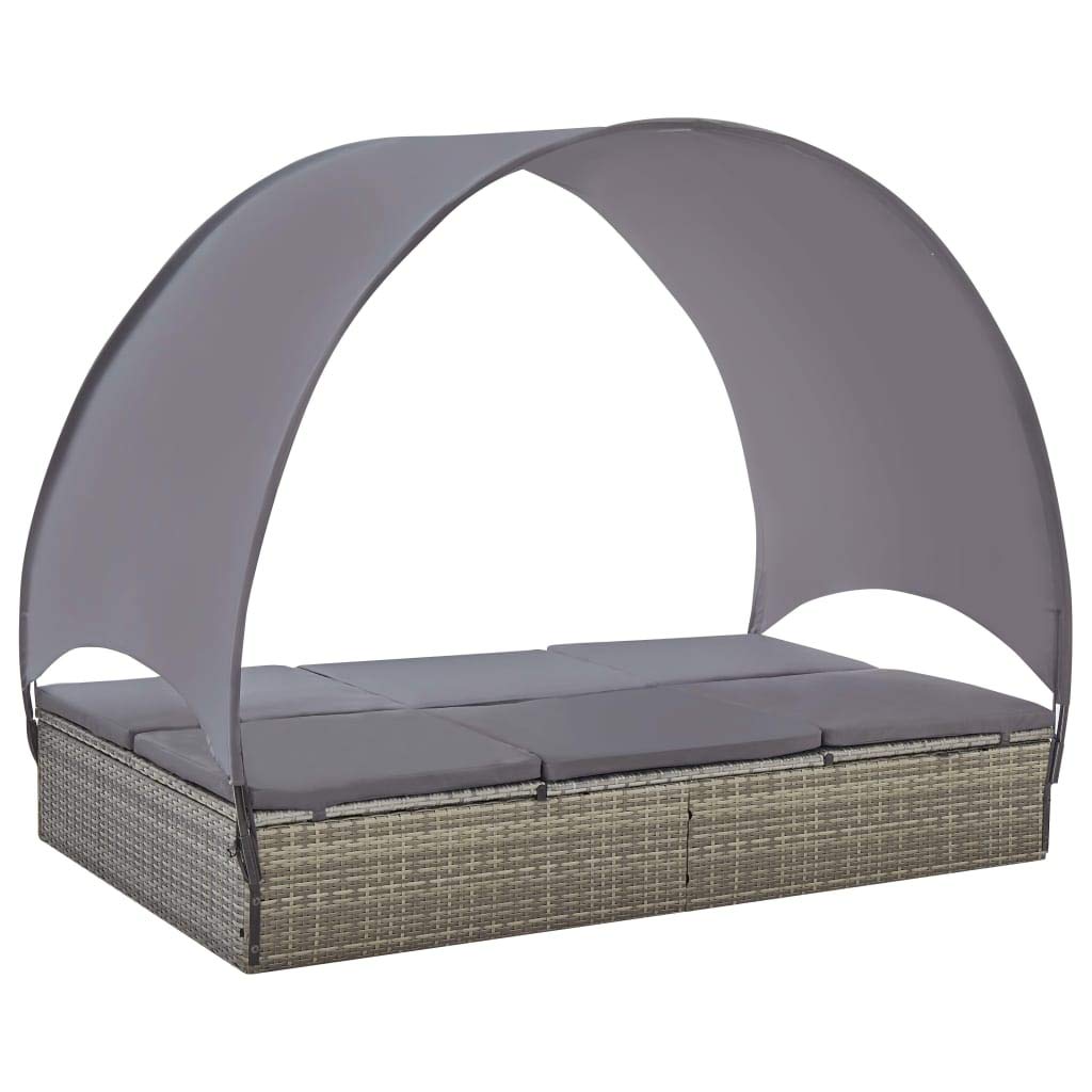 vidaXL - Double Sun Lounger with Adjustable Canopy and Cushions, Poly Rattan, Weather-Resistant, Steel Frame, Gray and Dark Gray, for Patio/Garden/Poolside