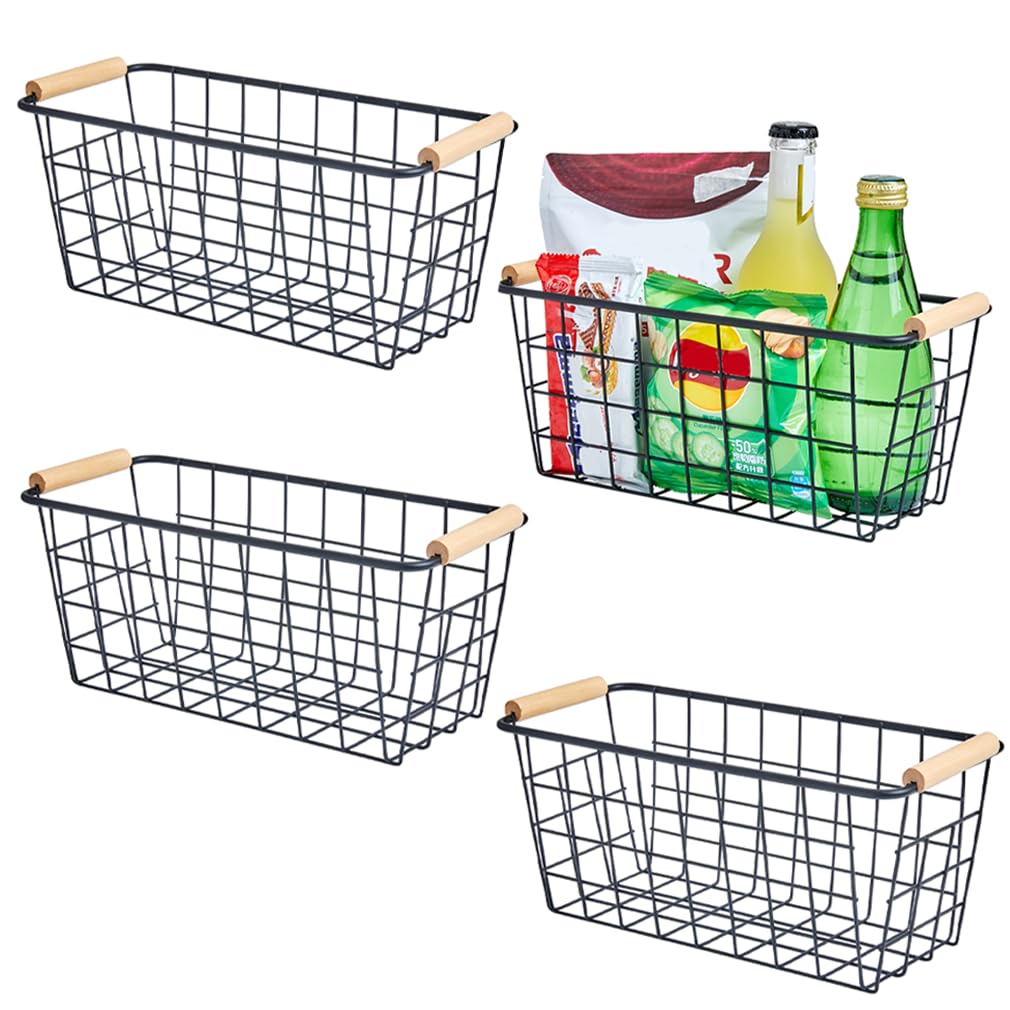 Black Metal Hanging Baskets With Handle, Wire Wall Storage Organizer With Hooks, Adhesive Baskets For Kitchen, Bathroom, Pantry,