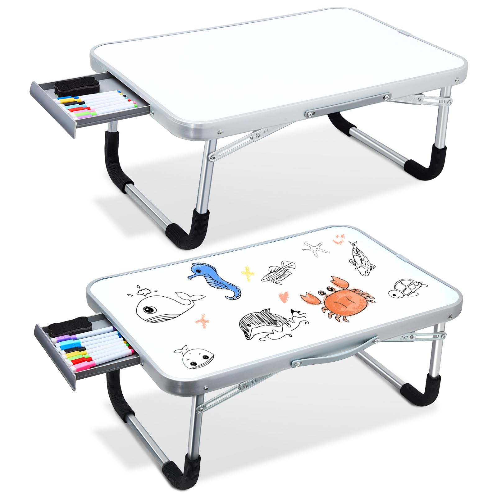 Suzile 2 Pcs Operation Christmas Lap Desk with Dry Erase Board, 24 x 16 Foldable Study Tray with Drawer, Markers & Eraser, Porta