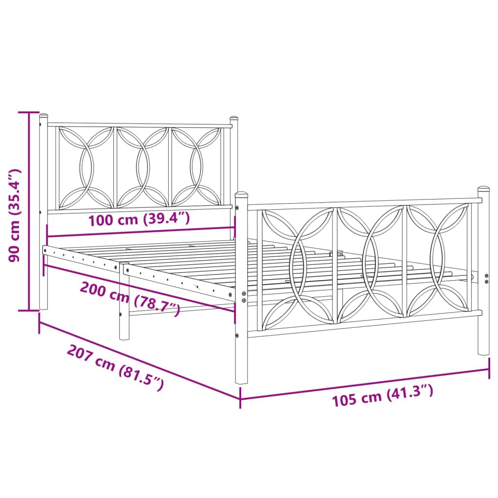 vidaXL Metal Bed Frame with Headboard/Footboard - Black, Single Bed, 81.5&quot;x41.3&quot;x35.4&quot;, Steel Slats & Legs, Under-Bed Storage