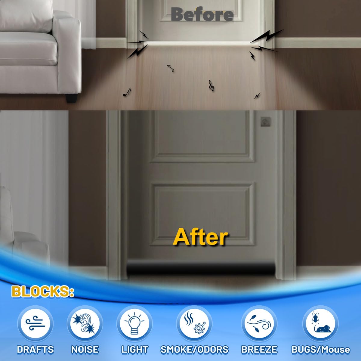 Maxtid 32' Black Door Air Draft Stopper - Wind Blocker For Bedroom Doors & Small Apartments