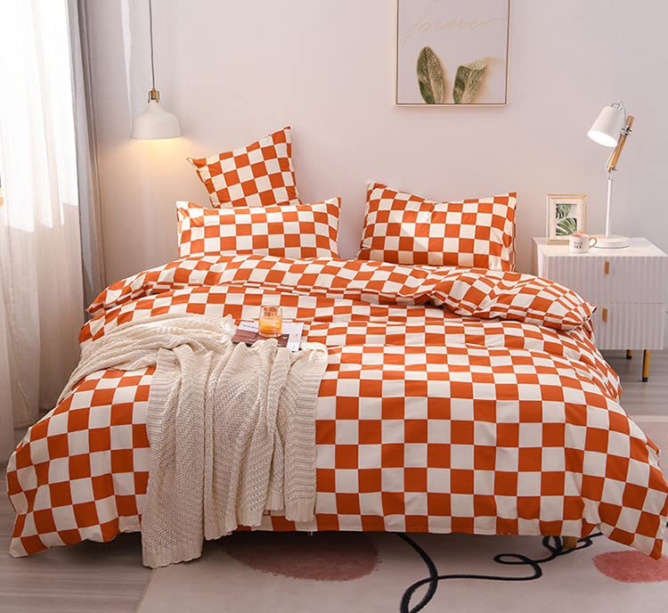 Karever Orange White Grid Comforter Set Queen Burnt Orange Plaid Bedding Set Women Reddish And White Checkered Bed Comforter Set
