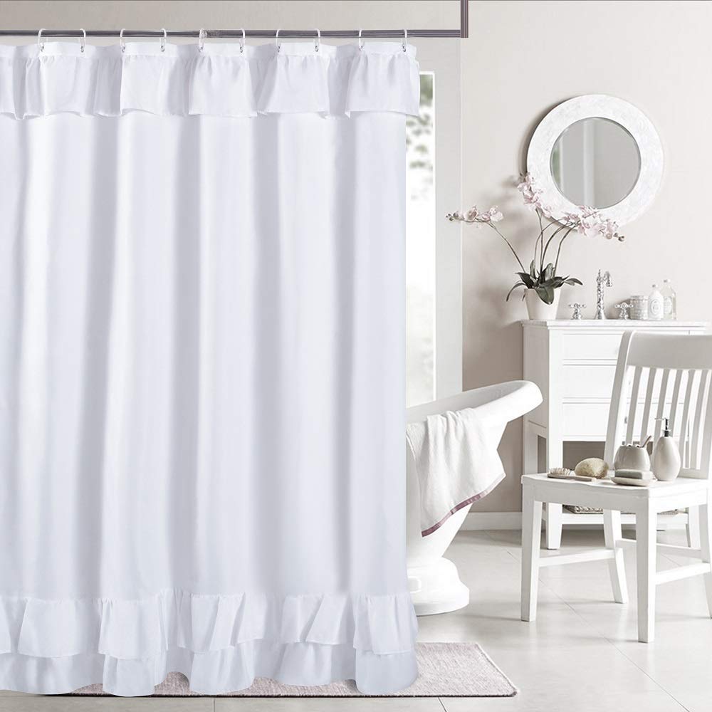 Yostev White Ruffle Shower Curtain Farmhouse Fabric Cloth Shower Curtains For Bathroom,Long Size 72X84 Inches