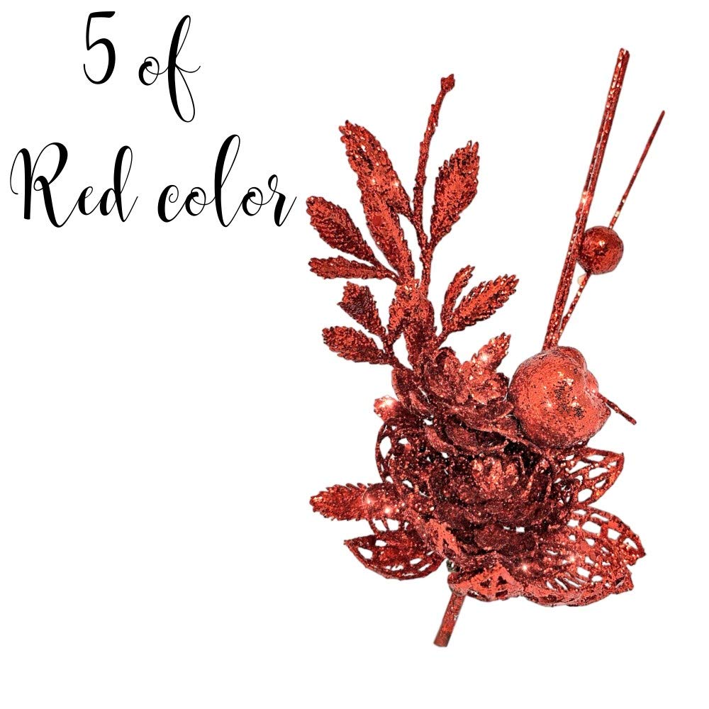 Christmas Poinsettia Flower Stems With Clips - Set/10 Red And Silver Glitter Xmas Floral Sprig Decorations - Artificial Glittere