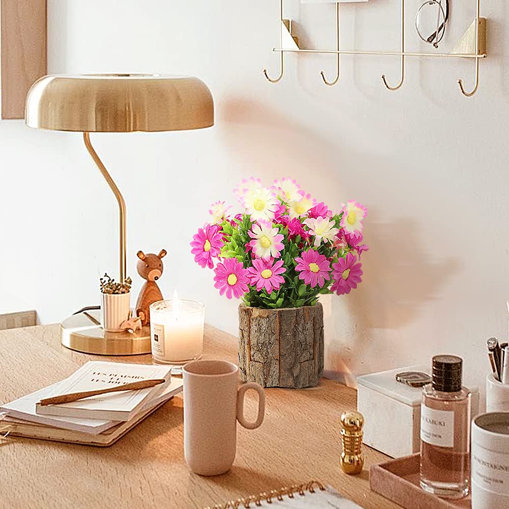 Acelist Artificial Flowers Fake Daisy For Decoration, Small Potted Plants In Log Planters, Pink Daisies Table Centerpieces For M