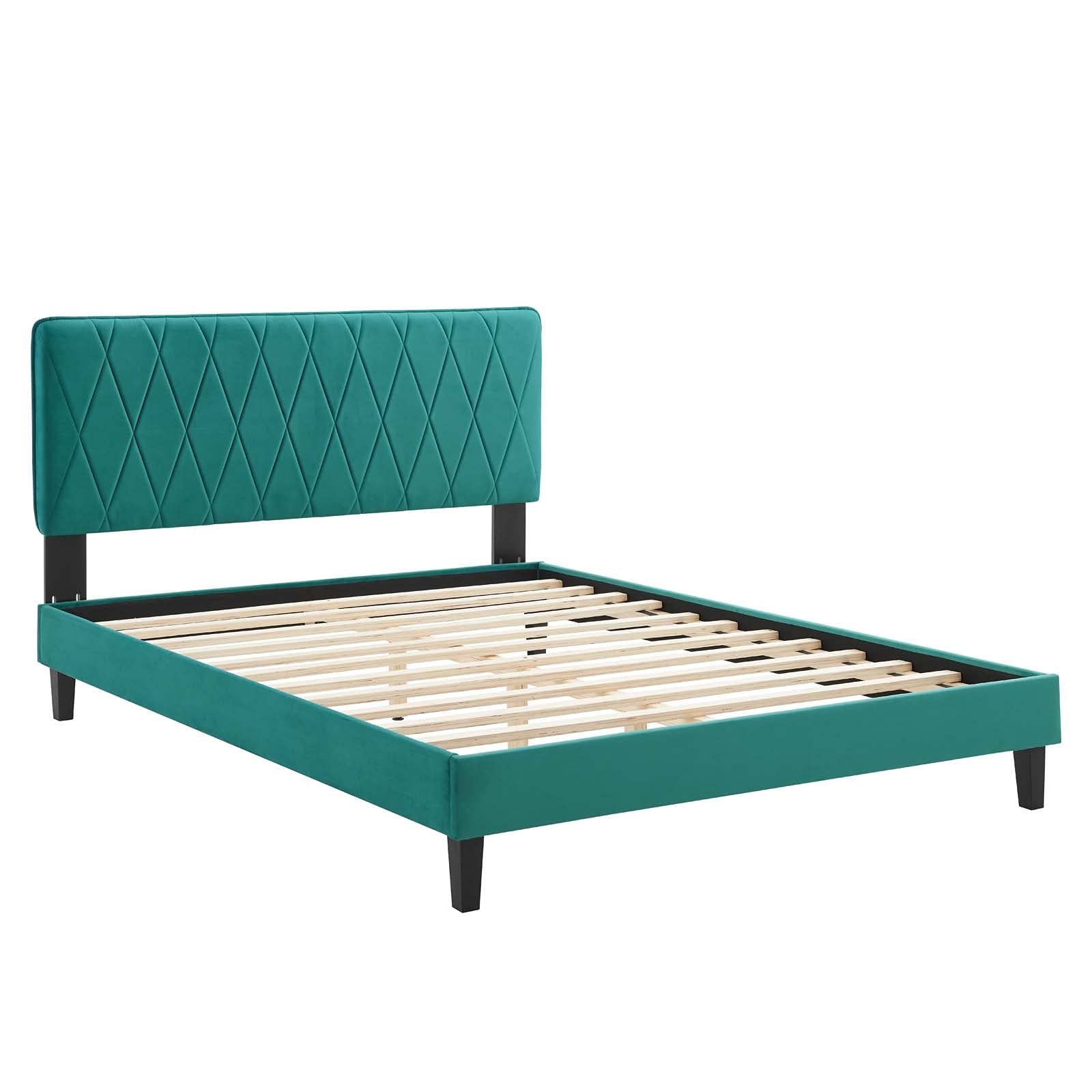 Modway Phillipa Performance Velvet King Platform Bed in Teal with Black Wood Legs