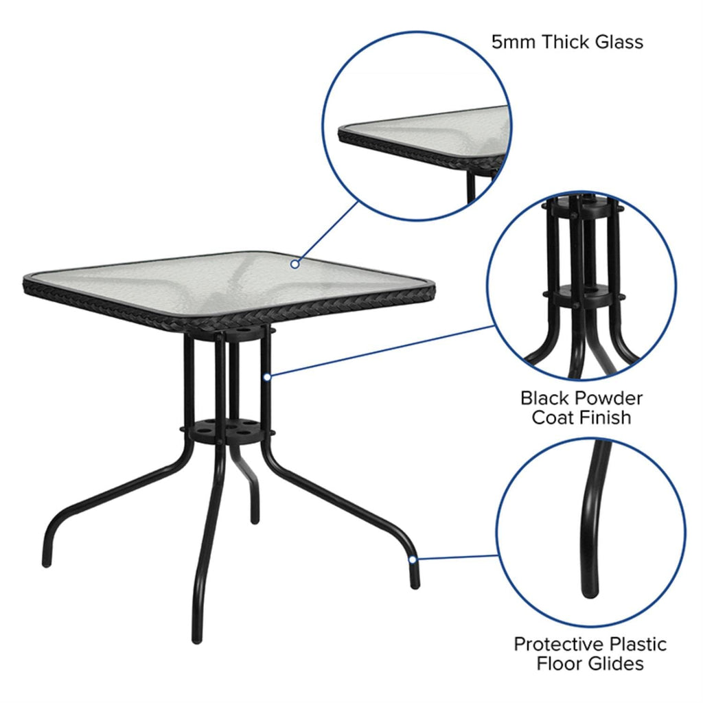Flash Furniture Barker 28'' Square Tempered Glass Metal Table with Black Rattan Edging