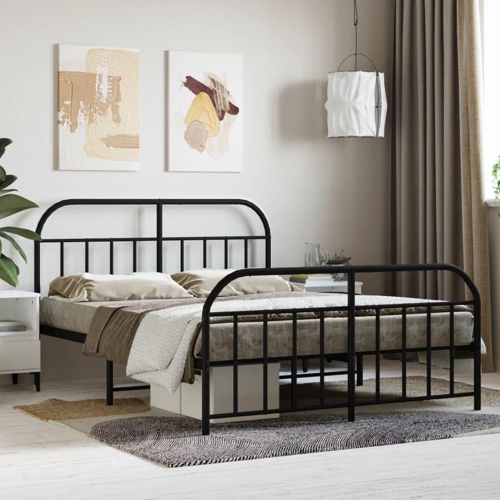 vidaXL Black Double Bed Frame - Powder-Coated Steel Metal Construction with Headboard and Footboard, Bed Base with Metal Slats and Center Legs.