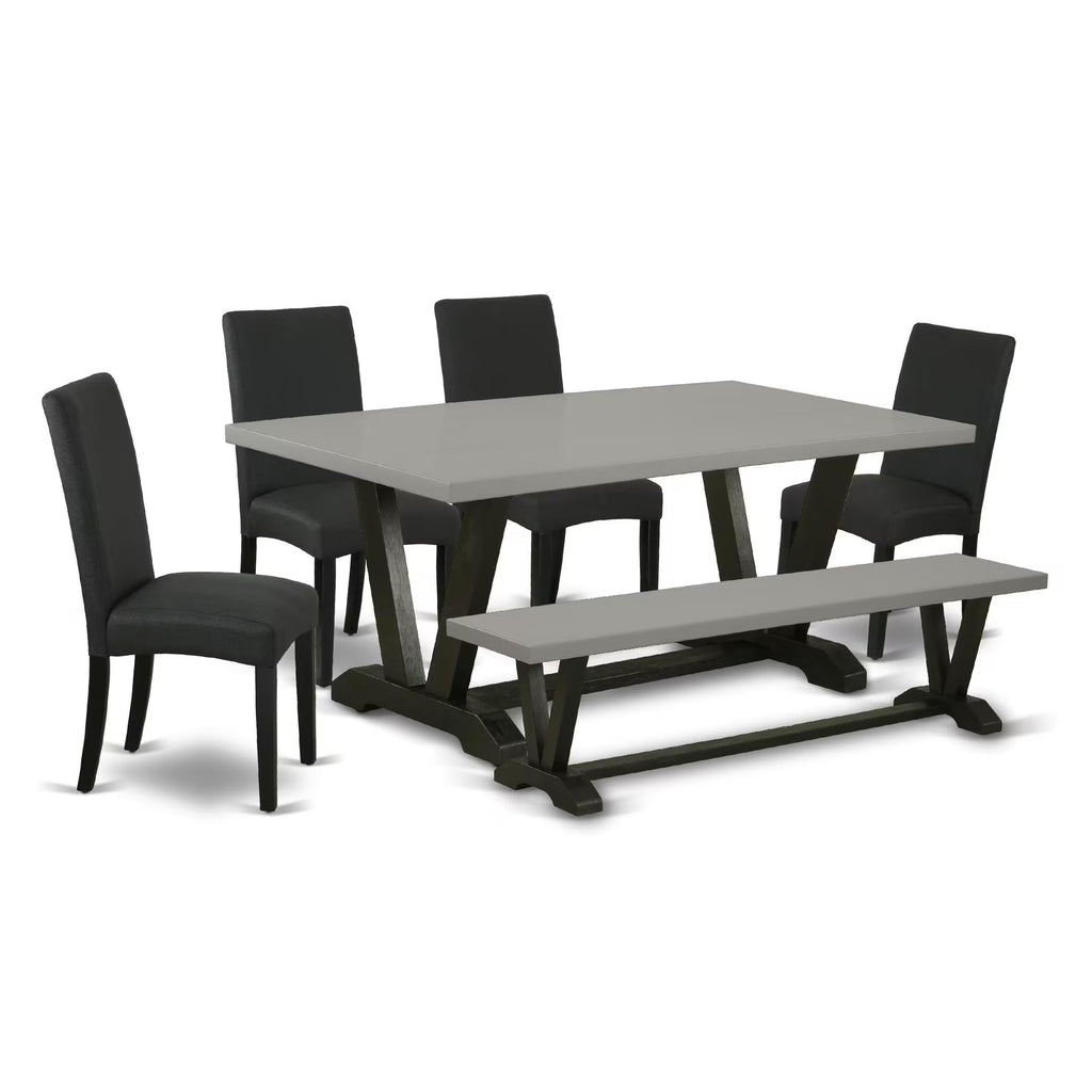 East West Furniture V697Dr124-6 6 Piece Dining Table Set Contains A Rectangle Wooden Table With V-Legs And 4 Black Color Linen Fabric Parson Chairs With A Bench, 40X72 Inch, Multi-Color