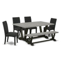 East West Furniture V697Dr124-6 6 Piece Dining Table Set Contains A Rectangle Wooden Table With V-Legs And 4 Black Color Linen Fabric Parson Chairs With A Bench, 40X72 Inch, Multi-Color