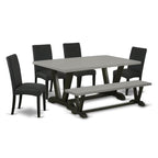 East West Furniture V697Dr124-6 6 Piece Dining Table Set Contains A Rectangle Wooden Table With V-Legs And 4 Black Color Linen Fabric Parson Chairs With A Bench, 40X72 Inch, Multi-Color