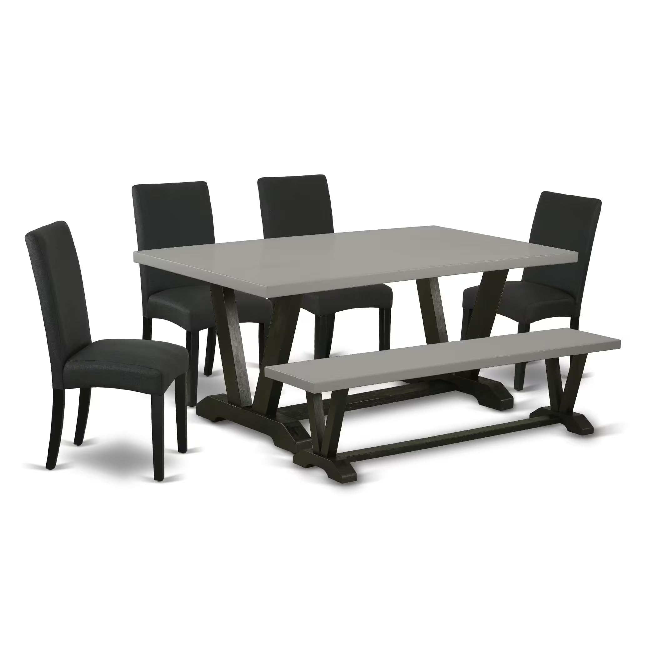 East West Furniture V697Dr124-6 6 Piece Dining Table Set Contains A Rectangle Wooden Table With V-Legs And 4 Black Color Linen Fabric Parson Chairs With A Bench, 40X72 Inch, Multi-Color