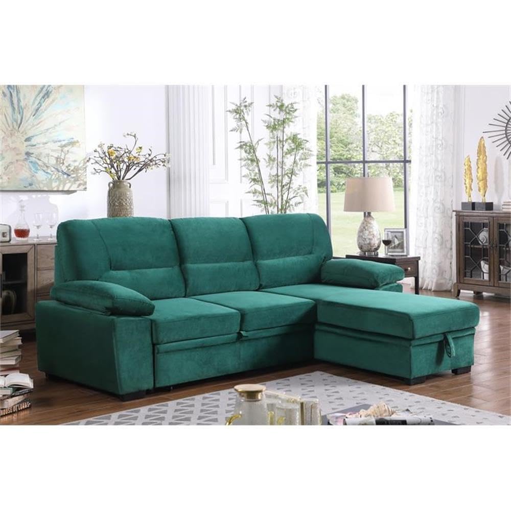 Lilola Home Kipling Green Velvet Fabric Reversible Sleeper Sectional Sofa Chaise