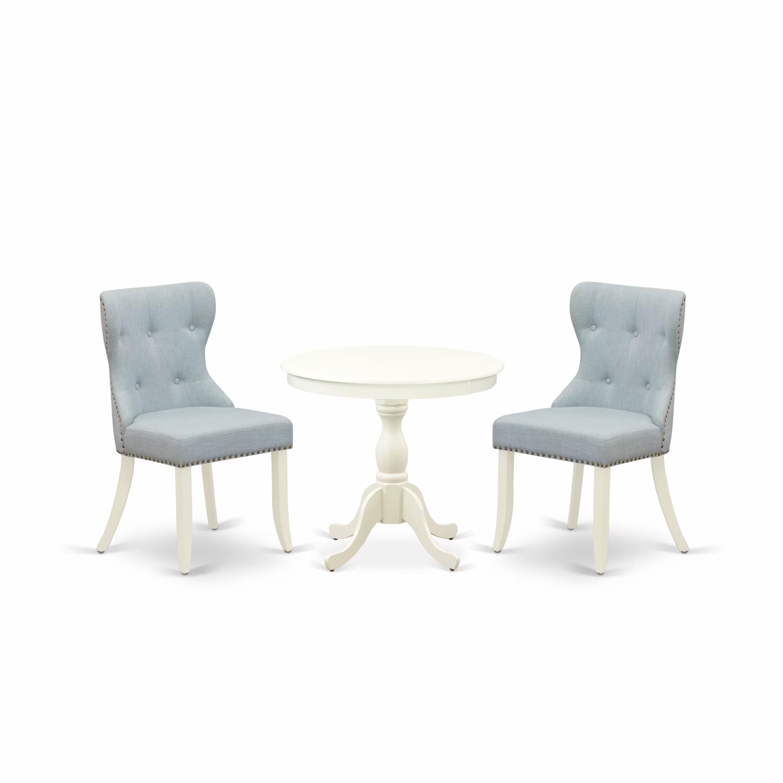 East West Furniture AMSI3-LWH-15 3 Piece Dining Table Set for Small Spaces Contains a Round Kitchen Table with Pedestal and 2 Baby Blue Linen Fabric Parsons Chairs, 36x36 Inch, Linen White