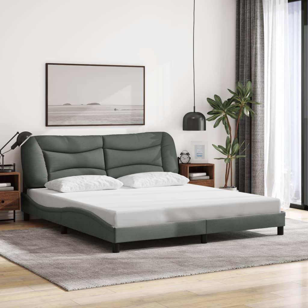 vidaXL King Bed Frame - Dark Gray Fabric - Headboard Included - Modern Waved Design - 76&quot;x79.9&quot; - Bedroom Essential