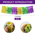 Beishida 3 Packs Metallic Foil Fringe Garland Green Gold Purple Wall Hanging Tinsel Fringe Banners For Car Floats Bridal Shower