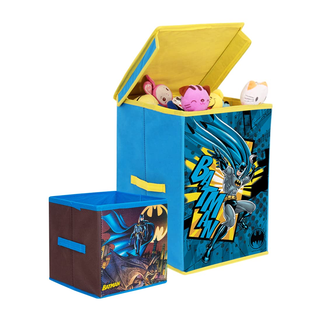 PrettyKrafts Fabric Batman KidS Toys Organizer, Storage Box (Blue, Big And Small), Set Of 2 Pcs