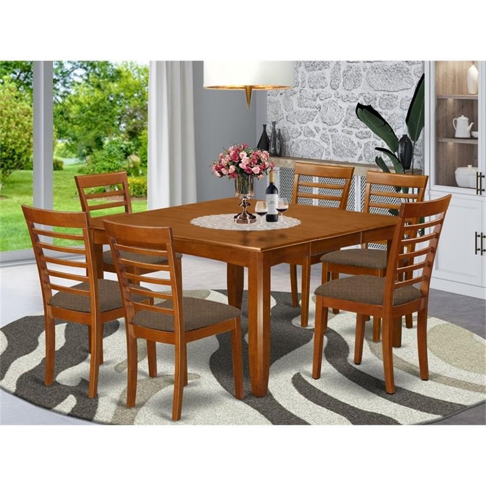 East West Furniture PFML7-SBR-C 7 Piece Dining Table Set Consist of a Square Dining Room Table with Butterfly Leaf and 6 Linen Fabric Upholstered Chairs, 54x54 Inch, Saddle Brown